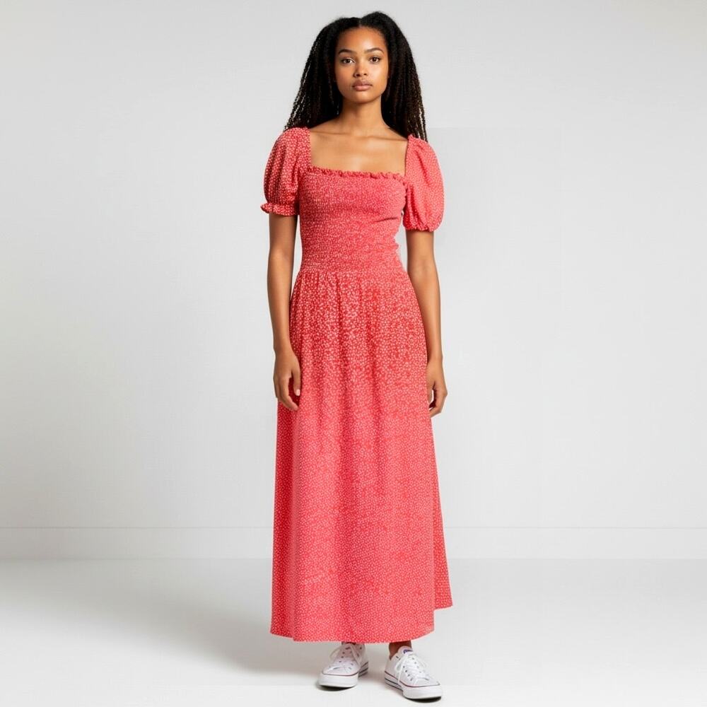 Reformation Red Floral Maxi Dress XS Smocked Bodice Puff Sleeve Side Slit